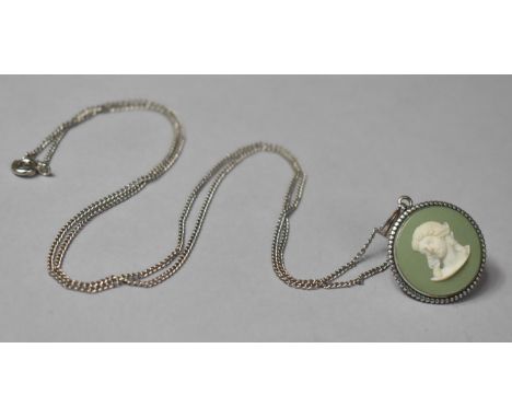 A Silver Mounted Green Jasperware Wedgwood Pendant Featuring Maidens Head, B67 Stamped to Back, on a Silver Plated Chain, Pen