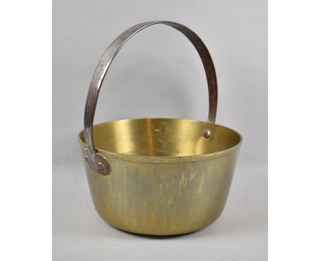 A Vintage Brass Jam Kettle with Iron Ring Handle, 27.5cm Diameter 