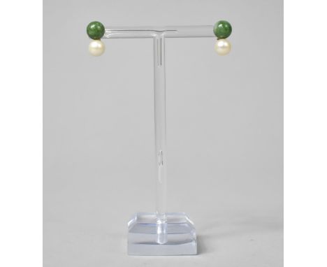 A Pair of Jade, Pearl and Yellow Metal Mounted Earrings, 14mm Drop 