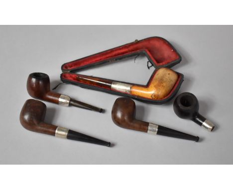 A Collection of Vintage Pipes, All with Silver Bands, One with Case 