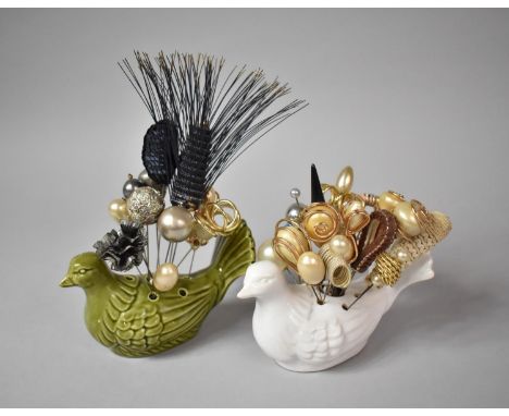 Two Ceramic Hatpin Stands in the Form of Sparrows with Various Hatpins together with a document about the History of Hatpins.