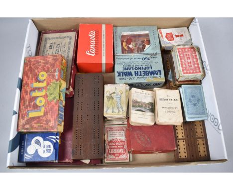 A Collection of Vintage Playing Cards and Card Games, Cribbage Boards, Metal Puzzle and Games 
