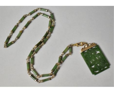 A Jade and Gold Mounted Pendant, Rectangular Form and with Double Happiness Characters and Fruit, Birmingham Hallmark and on 