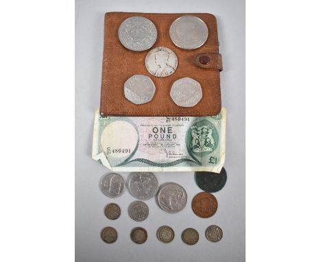 A Small Collection of Coins, George VI Coronation Medal, Vintage Wallet and Scottish £1 Note 