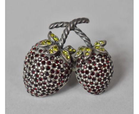 A Pretty Jewelled Vintage Brooch in the Form of Two Strawberries, Having Red and Green Paste Stone Mounts. 4cms Wide 