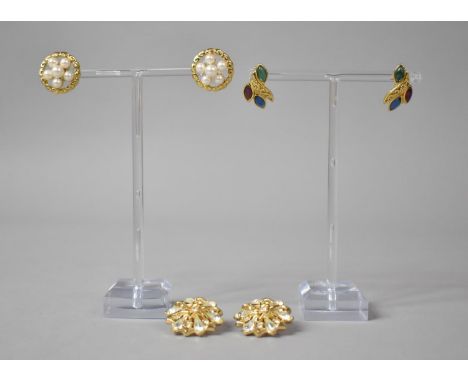 Three Pairs of Trifari Vintage Earrings, Jewelled and Faux Pearl Examples 