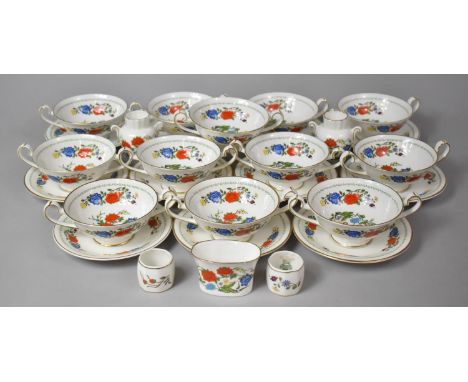A Collection of Twelve Aynsley Famille Rose Pattern Two Handled Soup Bowls and Eleven Saucers, Two Napkin Rings, Vases etc 