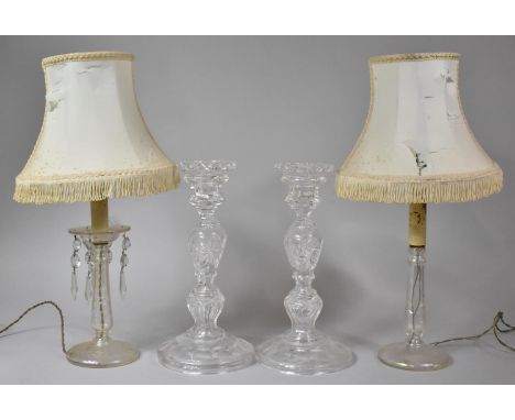 Two Nice Quality Cut Glass Candle Stands/Holders Together with Two Cut Glass Table Lamp Stands with Half Shades, Varying Issu