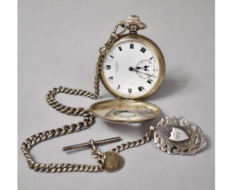 A Sterling Silver JW Benson Half Hunter Pocket Watch with a Heavy Silver Albert Chain, Silver Three Penny Piece and Fob Monog