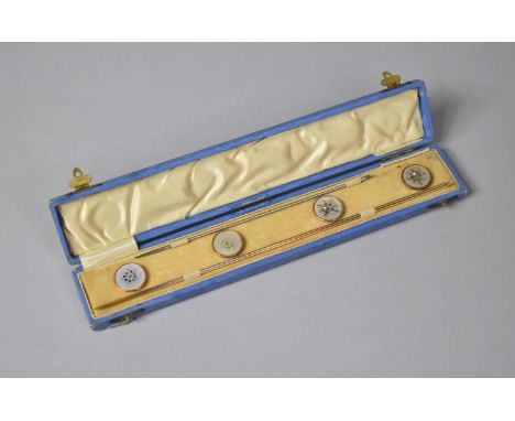 A Cased Vintage Set of Four Hat Pins with Screw Fittings, Separate Shanks and Each Head with Yellow Metal, Mother of Pearl an
