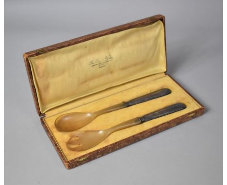 A Vintage Cased Pair of Silver and Horn French Salad Servers in Original Box by Au Roy and Yvetot, Rouen 