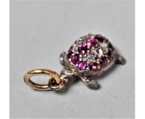 A Pretty Rose Cut Diamond and Ruby Mounted Pendant in the Form of a Turtle, Set in Yellow and White Metal, 12mm by 9mm 