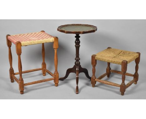 Two Vintage Stools and a Tripod Wine Table with Tooled Leather Top 