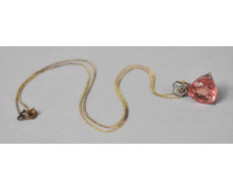 A 9ct Gold Chain with Large Triangular Cut Red Stone Pendant, Possibly Tourmaline Surmounted by Diamond, Mounted in Gilt Silv