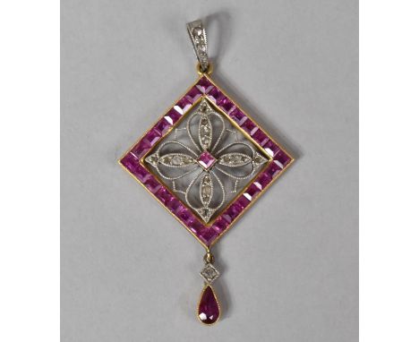 A Very Pretty Edwardian Unmarked Yellow Metal Pendant having Quantity of Square Rubies to Frame, Internal White Metal Mount w