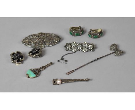 A Collection of Mainly Silver and Marcasite Jewellery to include Two pairs of Clip-On Earrings, Brooches, Pendants, Hat Pin E