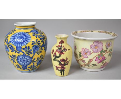 Three Pieces of 20th Century Oriental Wares to Comprise Blue and Yellow Vase, Planter and a Small Prunus Blossom Decorated Va