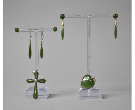 A Small Collection of Jade and New Zealand Green Stone Jewellery to comprise Earrings and Pendants, Silver Mounted Crucifix E