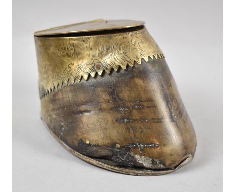 A Late Victorian/Edwardian Novelty Desktop Inkwell Formed from a Horses Foot with Horseshoe and Metal Hinged Lid with Ceramic