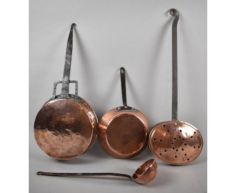 A Copper Oval Chestnut Roaster, Copper Ladle and a Copper Pan 