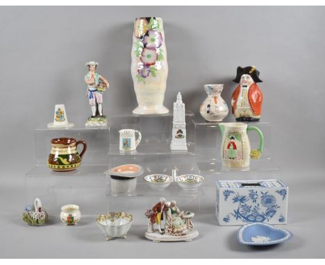 A Collection of Ceramics to Include Moss Bros Top Hat, Price Lustre Vase, Figural Ornaments, Crested Ware Puzzle Jug etc 
