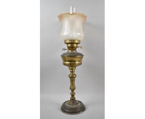 A Late Victorian Brass Oil Lamp with Etched Shade and Duplex Controls, 67cm high 