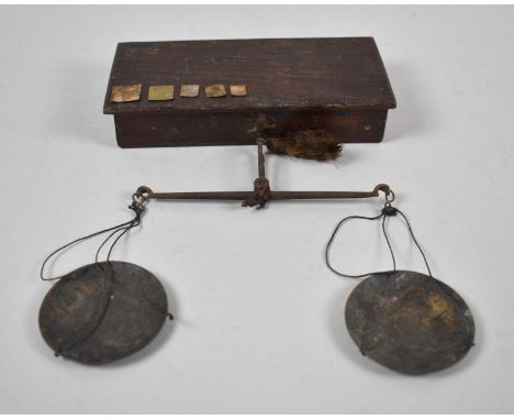A 19th Century Oak Box Containing Set of Brass Pan Scales, 18cm wide 