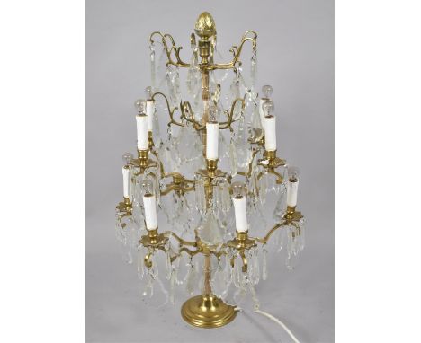 A Mid 20th Century Brass and Glass Ornate Table Lamp, in the Style of a Four Tier Chandelier, Two Light Fittings Require Atte