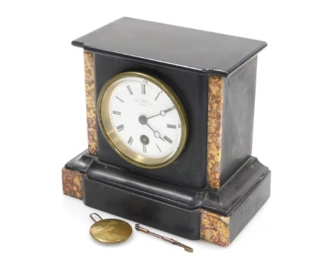 A Victorian black slate and marble mantel clock, J.W Benson, 33 and 34 Ludgate Hill, London, with white enamel dial bearing R