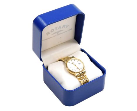 A Rotary gentleman's gold plated alarm wristwatch, circular white dial with batons, centre seconds and date aperture, boxed w