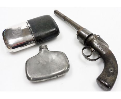 A 19thC transitional bar hammer percussion revolver, six shot, 80 bore, with an octagonal barrel, with engraved steel muzzle,