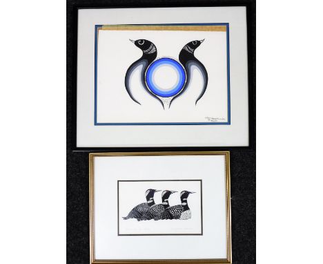 Kenojuak Ashevak (1927-2013 Inuit School). Return of the Loons, print, signed, 14cm x 21.5cm, and Eddie Kakepetum, study of t