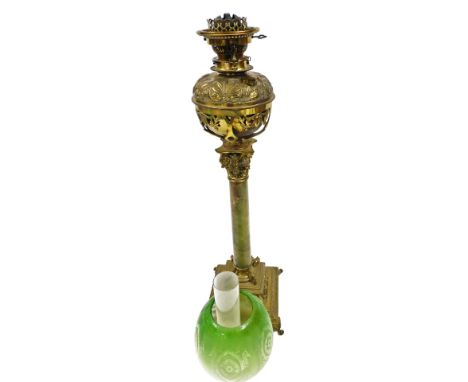 A 19thC Hinks Bright and Co Burton Street Duplex oil lamp, with a clear and etched green glass shade, brass embossed and pier