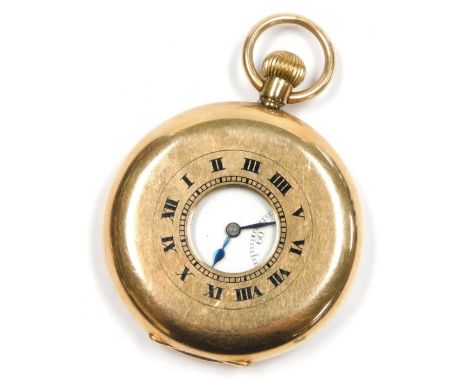 A 9ct gold gentleman's half hunter pocket watch, by T.W. Long and Co Cardiff and Swansea, keyless wind, enamel dial bearing R