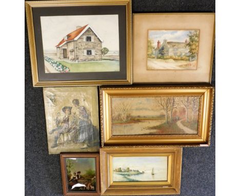 A group of pictures and prints, to include H Stanton, sailing boats on lake with cottage before mountains, watercolour, signe