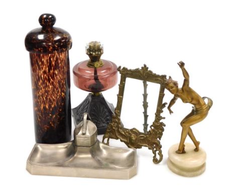 A group of collectables, to include an Art Deco gilt metal figure of a lady, on a marble socle base, 28cm high, a WMF style A