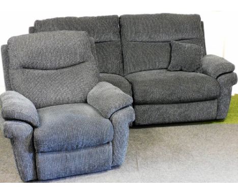 A&nbsp;Layzboy two seater reclining sofa, upholstered in dark grey fabric, 203cm wide, and a matching manual reclining armcha