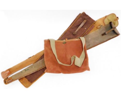 A Brady canvas and leather game bag, and three vintage canvas and leather gun slips.  (4) 