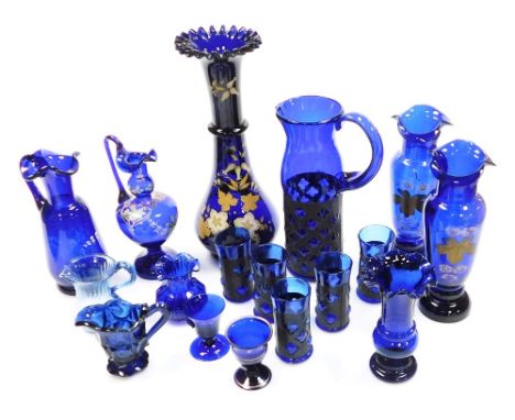 A group of Victorian and later Bristol Blue and other coloured glass, to include pieces with enamel floral decoration, etc. (