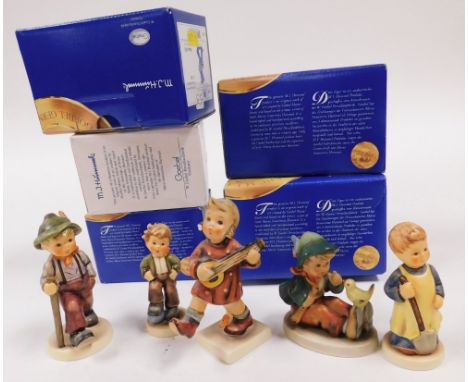 Four Goebel Hummel figures, comprising Grandpa's Boy, Let's Play, Garden Treasures, Happiness, and a figure group of a young 