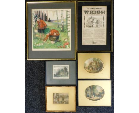 A group of pictures and prints, to include after Bernadina Midderigh Bokhorst, Mushroom Pickers, print, 31cm x 32cm, after Le
