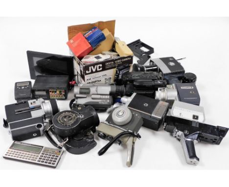 A group of camera and video recorder related equipment, to include a Sekonic video camera, a Bell and Howell 200EE 16mm video