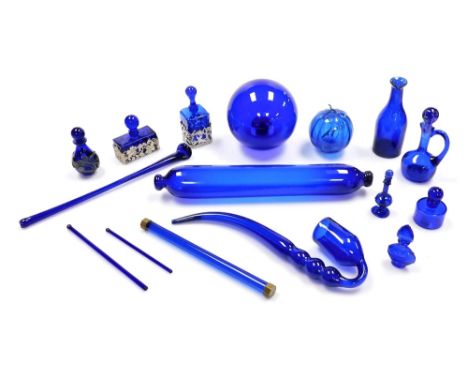 Various Bristol Blue and other novelty glass, to include a pipe, rolling pin, swizzle sticks, scent bottles, etc. (a quantity