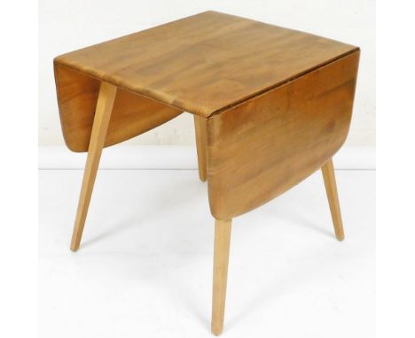 An Ercol light elm drop leaf table, on square tapering legs, 71cm high, the top 43cm x 65cm