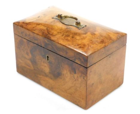 A 19thC burr walnut tea caddy, of rectangular form with a cushion shaped top, with a brass handle with etched sparrow decorat