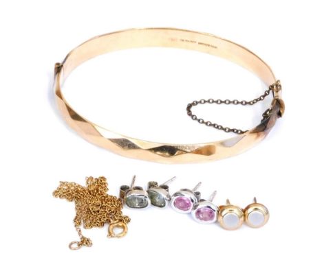 Three pairs of gold and gem set stud earrings, a yellow metal neck chain, 4.4g, together with a gold plated bangle, on a snap