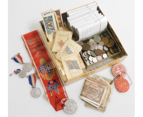 A group of cigarette cards, pre decimal and world coinage, to include one pennies, Indian rupee, various sixpences, post 1946