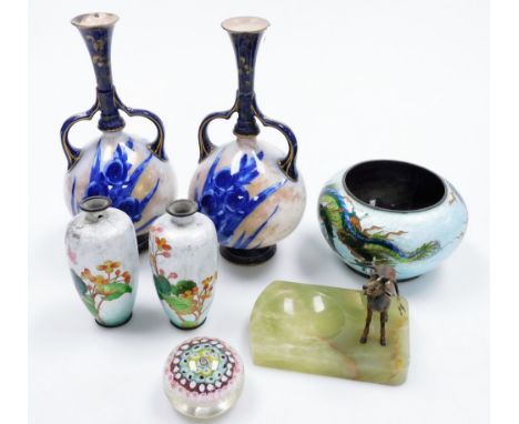 A group of collectables, comprising a pair of Doulton Burslem ware pottery two handled vases, decorated in blue with gilt hig