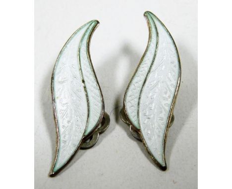 A pair of Norwegian silver and enamel clip earrings, designed by Knut Andreas Rasmussen, the earrings of double leaf form, im
