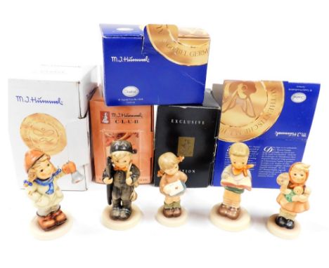 Five Goebel Hummel figures, comprising Chimney Sweep, Ring in the Season, Honour Student, Messages of Love, and Girl with dol